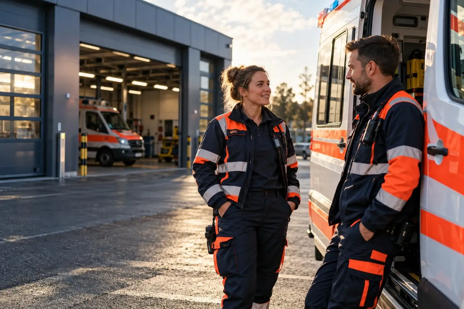 Zwei Rettungskräfte im Gespräch vor einer Rettungswache